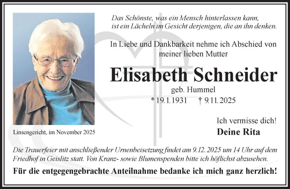  Traueranzeige für Elisabeth Schneider vom 29.11.2025 aus Gelnhäuser Neue Zeitung