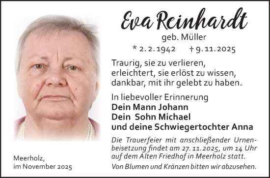 Traueranzeige von Eva Reinhardt von Gelnhäuser Neue Zeitung