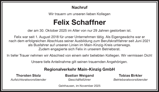 Traueranzeige von Felix Schaffner von Gelnhäuser Neue Zeitung