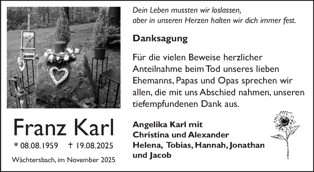  Traueranzeige für Franz Karl vom 08.11.2025 aus Gelnhäuser Neue Zeitung