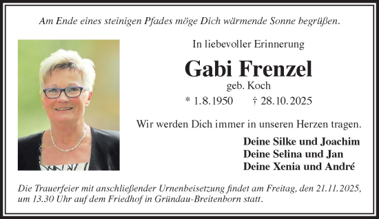 Traueranzeige von Gabi Frenzel von Gelnhäuser Neue Zeitung
