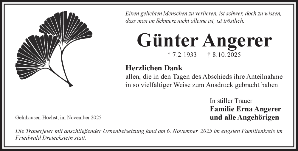  Traueranzeige für Günter Angerer vom 15.11.2025 aus Gelnhäuser Neue Zeitung