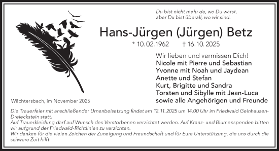 Traueranzeige von Hans-Jürgen Betz von Gelnhäuser Neue Zeitung