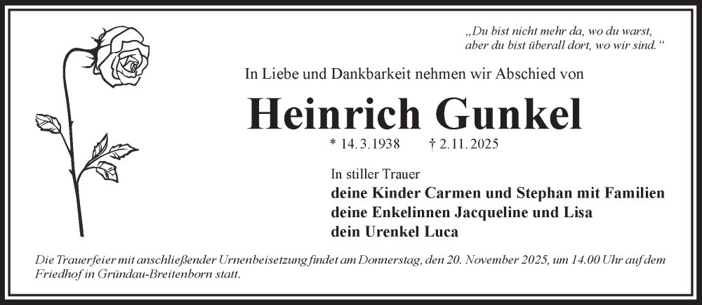  Traueranzeige für Heinrich Gunkel vom 15.11.2025 aus Gelnhäuser Neue Zeitung