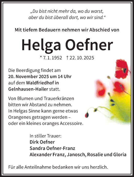 Traueranzeige von Helga Oefner von Gelnhäuser Neue Zeitung