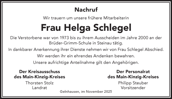 Traueranzeige von Helga Schlegel von Mittelhessen-Bote