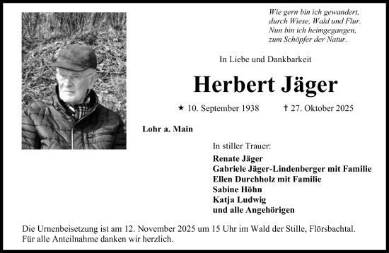 Traueranzeige von Herbert Jäger von Gelnhäuser Neue Zeitung