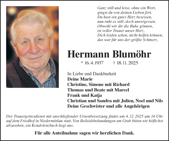 Traueranzeige von Hermann Blumöhr von Gelnhäuser Neue Zeitung