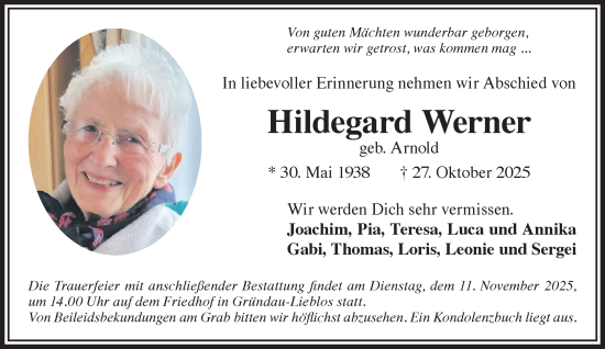 Traueranzeige von Hildegard Werner von Gelnhäuser Neue Zeitung