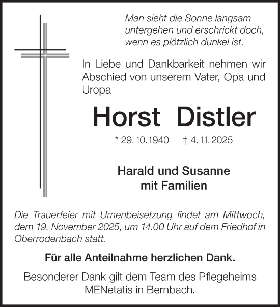 Traueranzeige von Horst Distler von Gelnhäuser Neue Zeitung