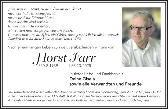 Traueranzeige von Horst Farr von Gelnhäuser Neue Zeitung