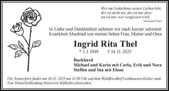Traueranzeige von Ingrid Rita Thel von Gelnhäuser Neue Zeitung