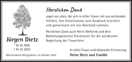 Traueranzeige von Jürgen Dietz von Gelnhäuser Neue Zeitung