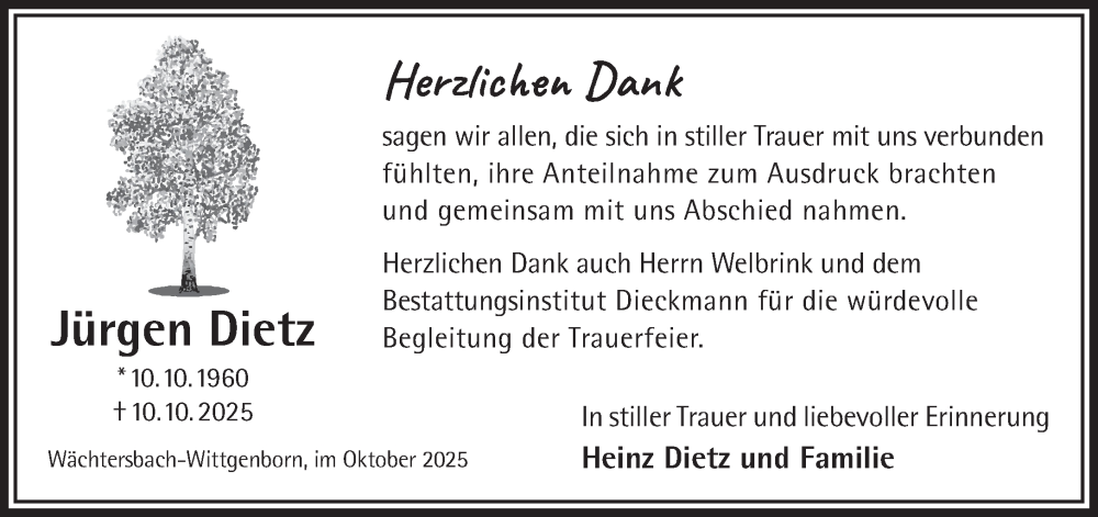  Traueranzeige für Jürgen Dietz vom 22.11.2025 aus Mittelhessen-Bote