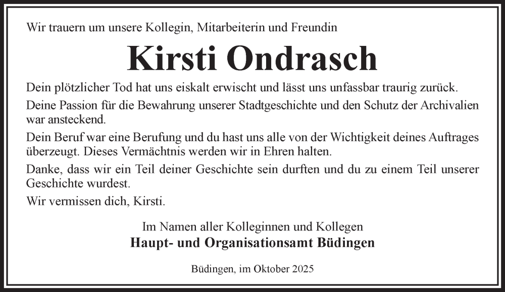  Traueranzeige für Kirsti Ondrasch vom 08.11.2025 aus Gelnhäuser Neue Zeitung