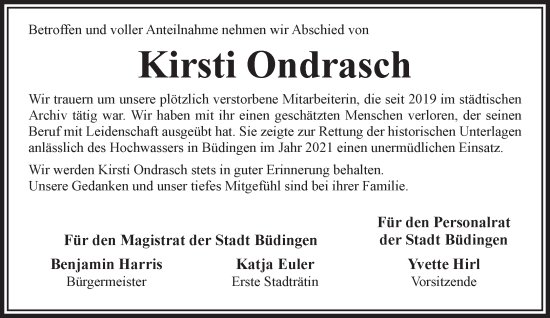 Traueranzeige von Kirsti Ondrasch von Gelnhäuser Neue Zeitung