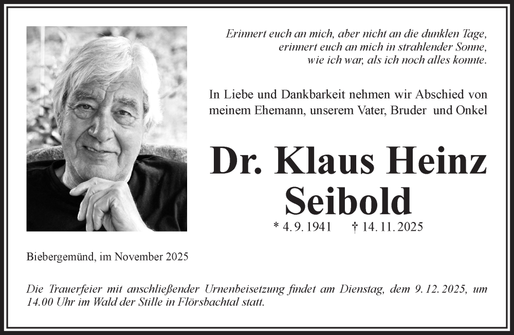  Traueranzeige für Klaus Heinz Seibold vom 29.11.2025 aus Mittelhessen-Bote