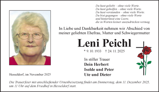 Traueranzeige von Leni Peichl von Gelnhäuser Neue Zeitung