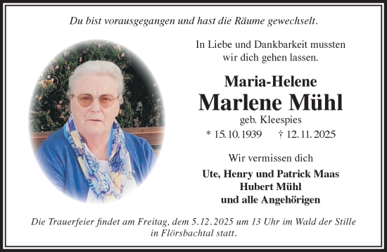 Traueranzeige von Maria-Helene Marlene Mühl von Gelnhäuser Neue Zeitung