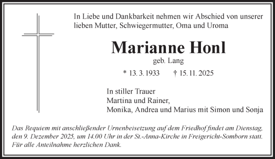 Traueranzeige von Marianne Honl von Gelnhäuser Neue Zeitung