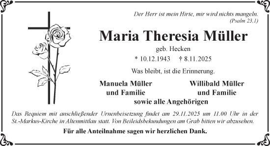 Traueranzeige von Maria Theresia Müller von Gelnhäuser Neue Zeitung