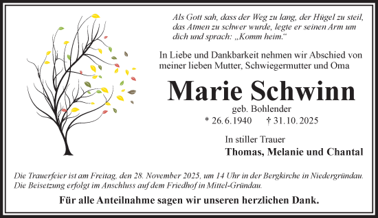 Traueranzeige von Marie Schwinn von Gelnhäuser Neue Zeitung