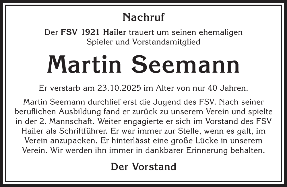  Traueranzeige für Martin Seemann vom 15.11.2025 aus Gelnhäuser Neue Zeitung