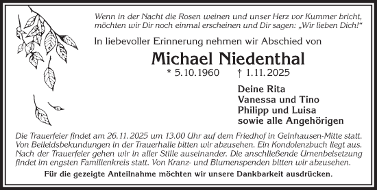 Traueranzeige von Michael Niedenthal von Gelnhäuser Neue Zeitung
