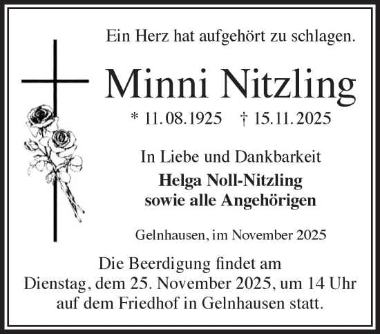 Traueranzeige von Minni Nitzling von Gelnhäuser Neue Zeitung