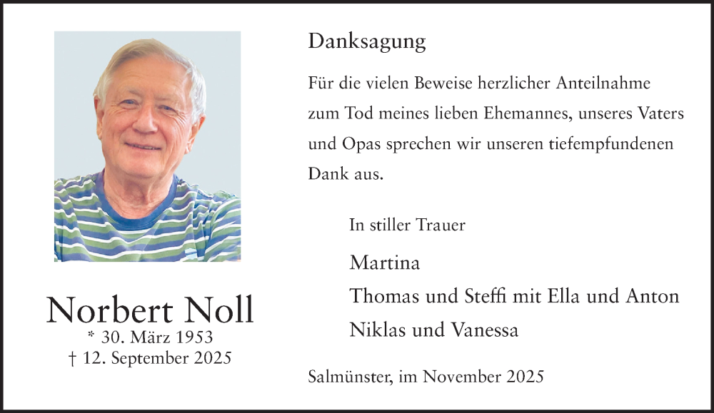  Traueranzeige für Norbert Noll vom 15.11.2025 aus Gelnhäuser Neue Zeitung