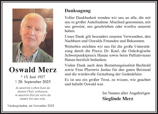 Traueranzeige von Oswald Merz von Gelnhäuser Neue Zeitung
