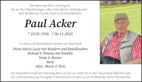 Traueranzeige von Paul Acker von Gelnhäuser Neue Zeitung