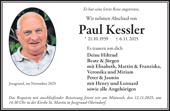 Traueranzeige von Paul Kessler von Gelnhäuser Neue Zeitung