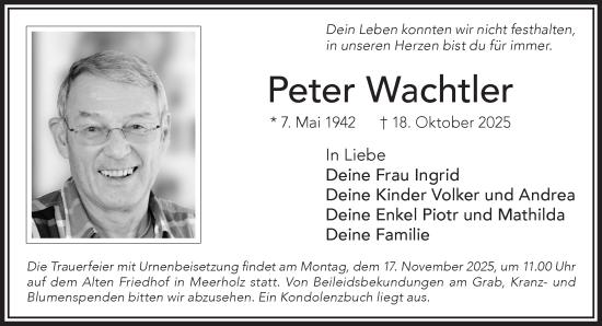 Traueranzeige von Peter Wachtler von Gelnhäuser Neue Zeitung