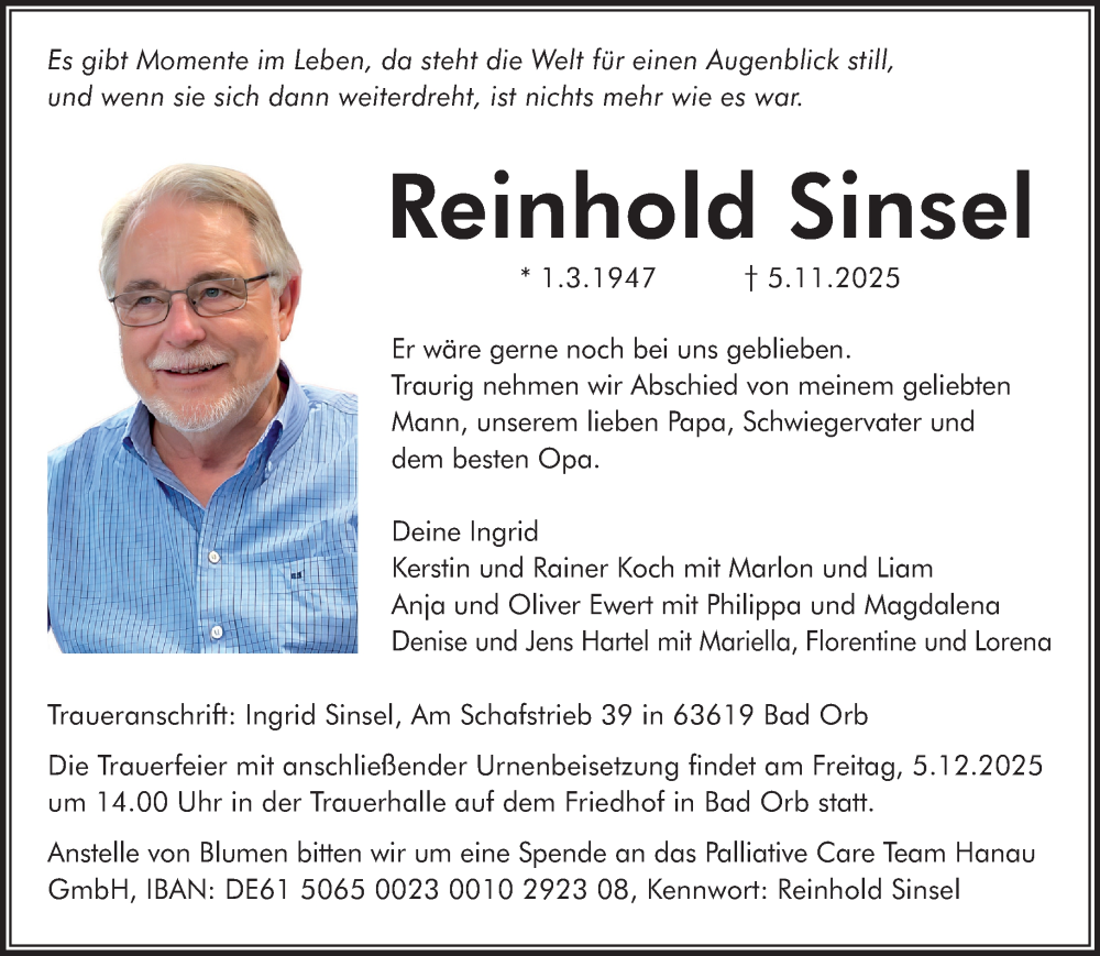  Traueranzeige für Reinhold Sinsel vom 15.11.2025 aus Gelnhäuser Neue Zeitung