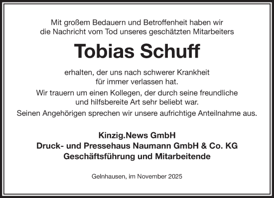 Traueranzeige von Tobias Schuff von Gelnhäuser Neue Zeitung