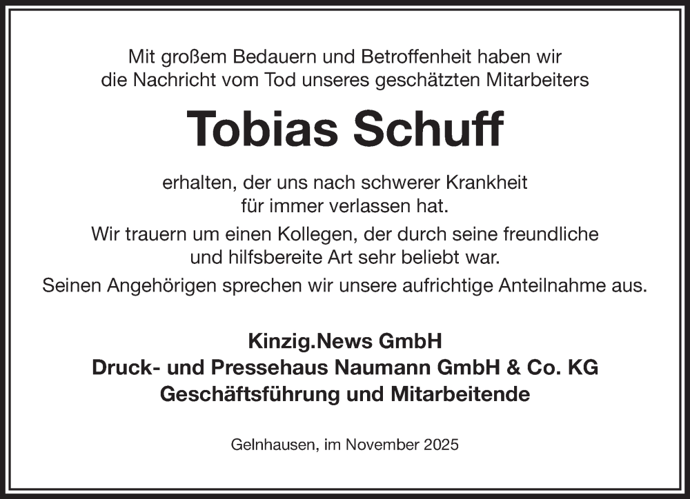  Traueranzeige für Tobias Schuff vom 15.11.2025 aus Gelnhäuser Neue Zeitung