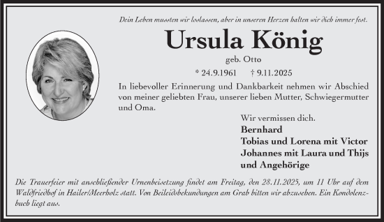 Traueranzeige von Ursula König von Gelnhäuser Neue Zeitung