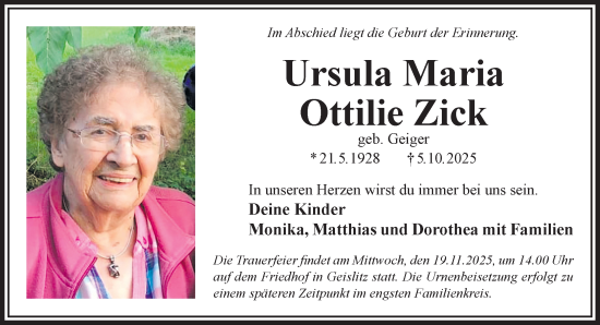 Traueranzeige von Ursula Maria Ottilie Zick von Gelnhäuser Neue Zeitung