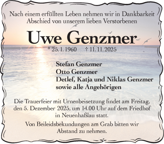Traueranzeige von Uwe Genzmer von Gelnhäuser Neue Zeitung