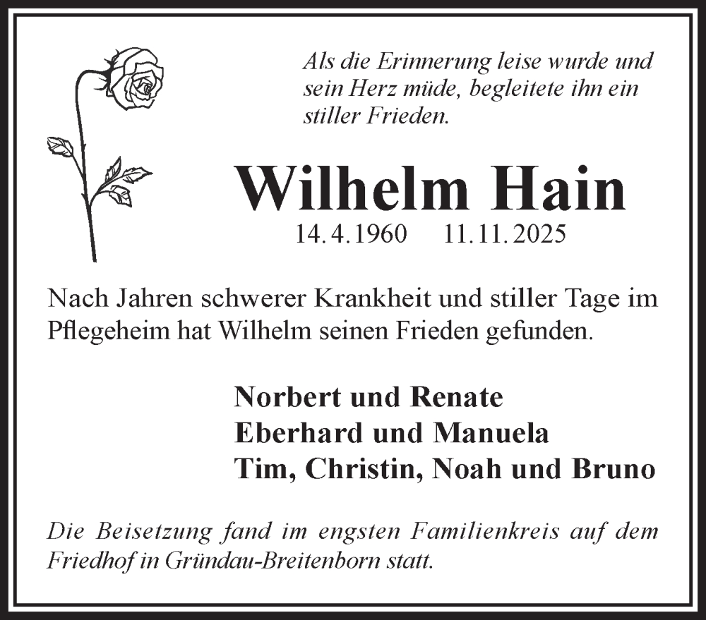  Traueranzeige für Wilhelm Hain vom 29.11.2025 aus Gelnhäuser Neue Zeitung