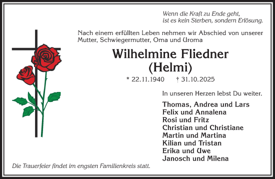 Traueranzeige von Wilhelmine Fliedner von Mittelhessen-Bote