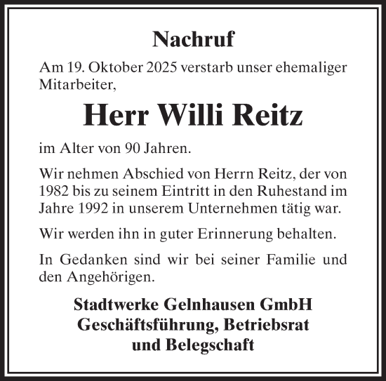 Traueranzeige von Willi Reitz von Gelnhäuser Neue Zeitung