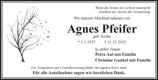 Traueranzeige von Agnes Pfeifer von Gelnhäuser Neue Zeitung