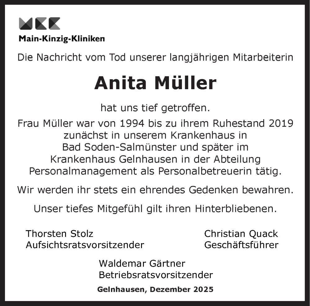  Traueranzeige für Anita Müller vom 27.12.2025 aus Gelnhäuser Neue Zeitung