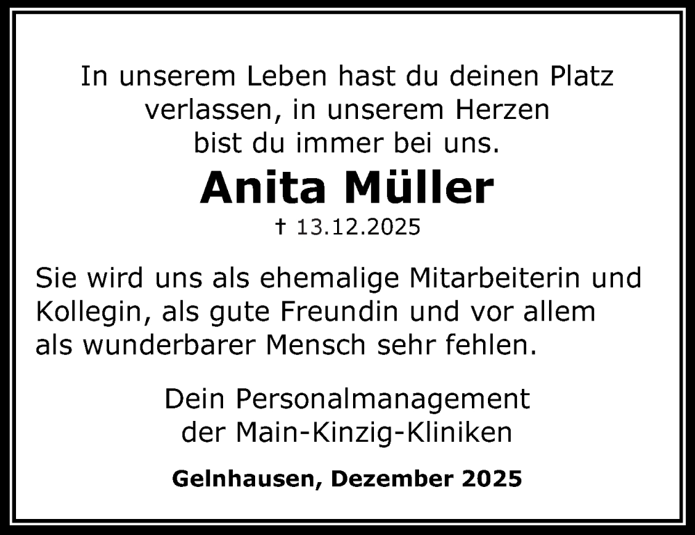  Traueranzeige für Anita Müller vom 27.12.2025 aus Gelnhäuser Neue Zeitung