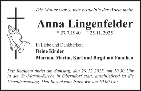Traueranzeige von Anna Lingenfelder von Gelnhäuser Neue Zeitung