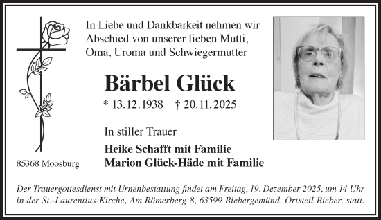 Traueranzeige von Bärbel Glück von Gelnhäuser Neue Zeitung