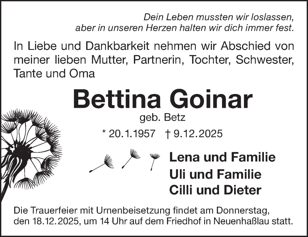  Traueranzeige für Bettina Goinar vom 13.12.2025 aus Gelnhäuser Neue Zeitung