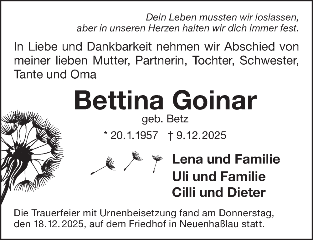  Traueranzeige für Bettina Goinar vom 20.12.2025 aus Mittelhessen-Bote